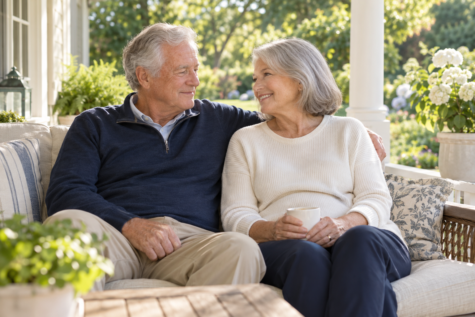 An older couple sharing a warm moment together on a porch